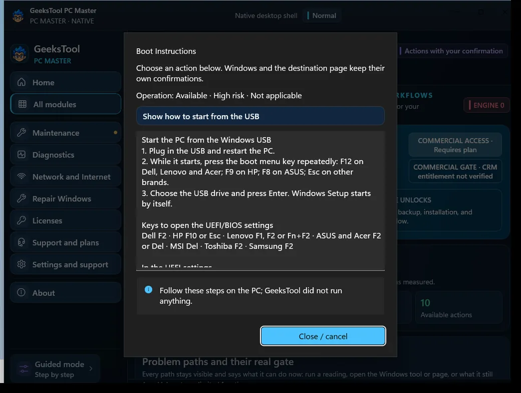 Guides: how to start from the Windows USB, step by step.