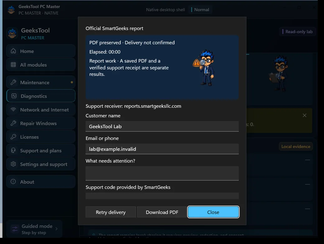 Official report: your PC's evidence in a PDF, sent only if you choose.