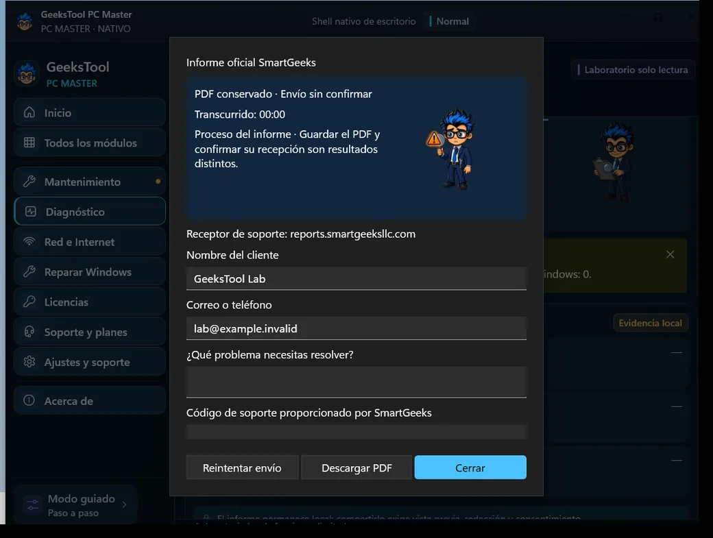 Informe oficial: la evidencia de tu PC en un PDF, enviado solo si tú quieres.