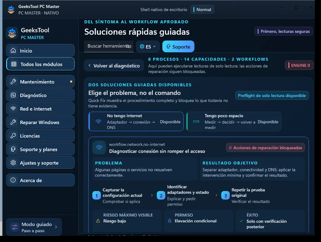 GeeksTool PC Master: soluciones guiadas de Quick Fix en Windows 11